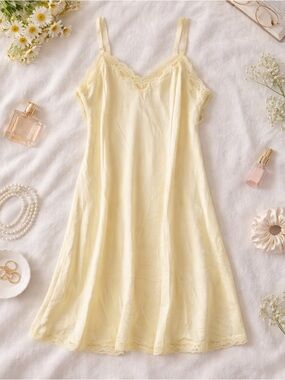 Vintage 90s Sears Yellow Nylon Slip Dress Lace Trim Spaghetti Strap Lingerie